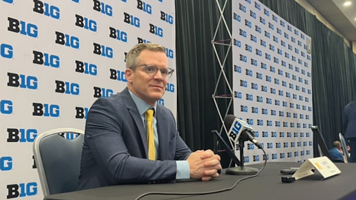 Dusty May speaks at Big Ten Media Days on Thursday at Big Ten Media Days.