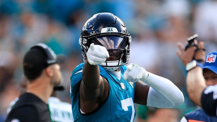 Jacksonville Jaguars wide receiver Brian Thomas Jr. (7) signals a first down during the third quarter of a NFL football matchup at EverBank Stadium, Sunday, Dec. 14, 2025, in Jacksonville, Fla. The Jaguars defeated the Jets 48-20. Jacksonville Jaguars wide receiver Brian Thomas Jr. (7) signals a first down during the third quarter of a NFL football matchup at EverBank Stadium, Sunday, Dec. 14, 2025, in Jacksonville, Fla. The Jaguars defeated the Jets 48-20.