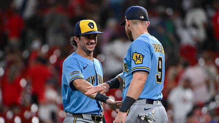 Jul 9, 2026; St. Louis, Missouri, USA; Milwaukee Brewers right fielder Sal Frelick (10) celebrates with designated hitter Jake Bauers (9) after the Brewers defeated the St. Louis Cardinals at Busch Stadium. Mandatory Credit: Jeff Curry-Imagn Images