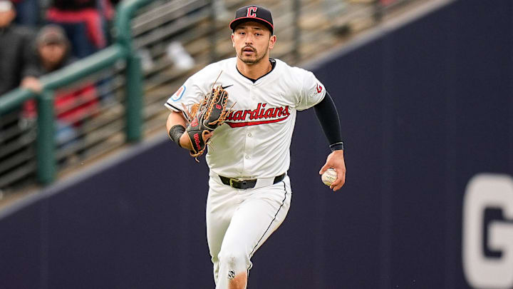 Cleveland Guardians left fielder Steven Kwan (38) runs off the field after catching a fly ball against Detroit Tigers during the eighth inning at Game 5 of ALDS at Progressive Field in Cleveland, Ohio on Saturday, Oct. 12, 2024.