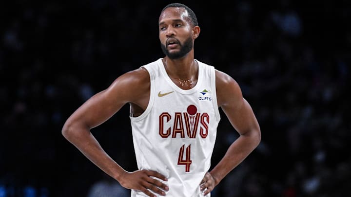Feb 20, 2025; Brooklyn, New York, USA; Cleveland Cavaliers forward Evan Mobley (4) during the first half against the Brooklyn Nets at Barclays Center. Mandatory Credit: John Jones-Imagn Images