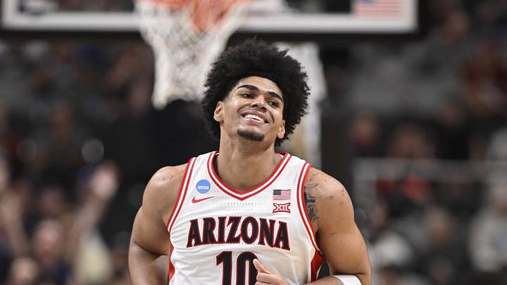 Mar 26, 2026; San Jose, CA, USA; Arizona Wildcats forward Koa Peat (10) reacts after a play against the Arkansas Razorbacks in the second half during a Sweet Sixteen game of the West Regional of the men's 2026 NCAA Tournament at SAP Center. Mandatory Credit: Eakin Howard-Imagn Images