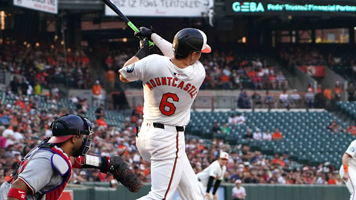 Aug 13, 2024; Baltimore, Maryland, USA; Baltimore Orioles first baseman Ryan Mountcastle (6) hits a single in the second inning to drive in designated hitter Ryan O’Hearn (32) against the Washington Nationals at Oriole Park at Camden Yards