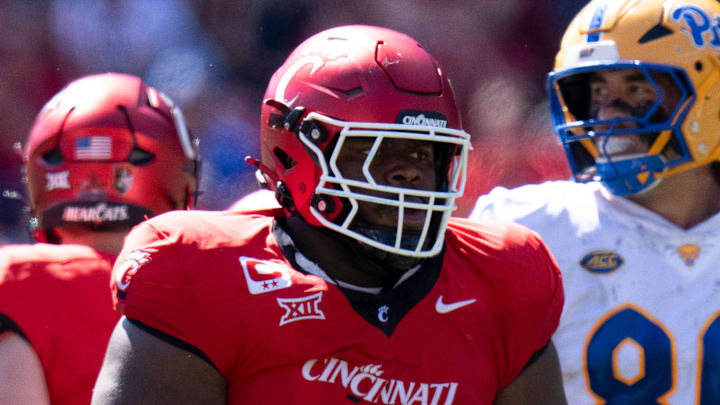 Cincinnati Bearcats defensive tackle Dontay Corleone (2) reacts after making a stop in the second quarter of the College Football game between the Cincinnati Bearcats and the Pittsburgh Panthers at Nippert Stadium in Cincinnati on Saturday, Sept. 7, 2024.