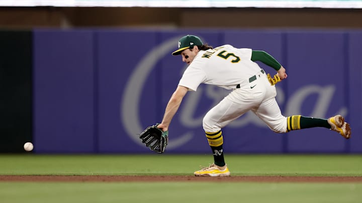Athletics shortstop Jacob Wilson fields a ground ball against the Philadelphia Phillies during the ninth inning at Sutter Health Park.