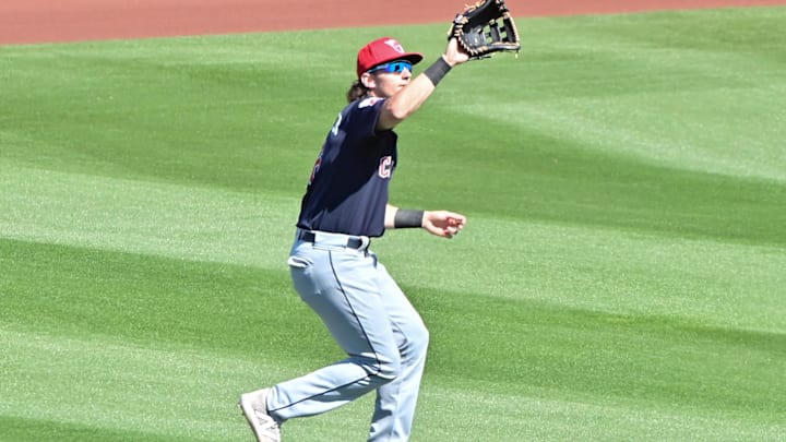 Feb 29, 2024; Tempe, Arizona, USA;  Cleveland Guardians right fielder Chase DeLauter (6) catches a fly ball in the third inning against the Los Angeles Angels during a spring training game at Tempe Diablo Stadium. Mandatory Credit: Matt Kartozian-Imagn Images
