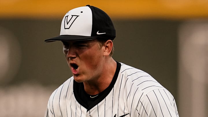 Vanderbilt pitcher Aiden Stillman celebrates a strikeout against Texas.