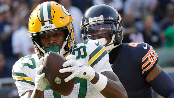 Green Bay Packers receiver Romeo Doubs (87) catches a touchdown pass against the Chicago Bears in 2023. Green Bay Packers receiver Romeo Doubs (87) catches a touchdown pass against the Chicago Bears in 2023.