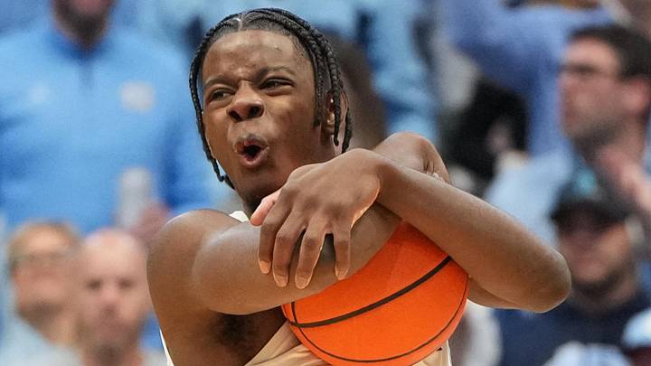 Feb 7, 2026; Chapel Hill, North Carolina, USA; North Carolina Tar Heels forward Caleb Wilson (8) reacts in the second  half at Dean E. Smith Center. Mandatory Credit: Bob Donnan-Imagn Images