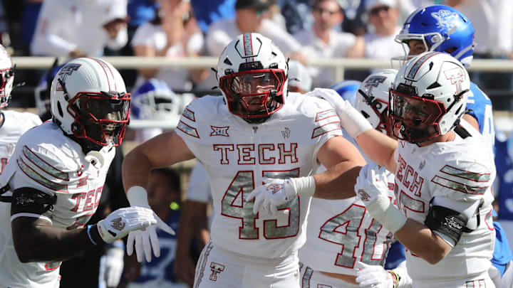 Texas Tech Red Raiders defensive back Brock Golwas (45) reacts after a play against the BYU Cougars in the second half at Jones AT&T Stadium.