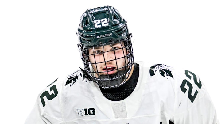 Michigan State's Isaac Howard celebrates his goal during the second period in the game against Ohio State on Saturday, Feb. 24, 2024, at Munn Arena in East Lansing.