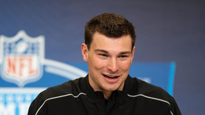 Feb 27, 2026; Indianapolis, IN, USA; Indiana quarterback Fernando Mendoza (QB11) speaks to members of the media during the NFL Combine at the Indiana Convention Center. Mandatory Credit: Jacob Musselman-Imagn Images