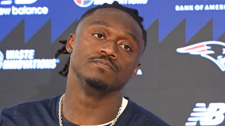 Jun 2, 2026; Foxborough, MA, USA; New England Patriots wide receiver A.J. Brown (1) speaks at a press conference after  practice at the team's OTA at Gillette Stadium. Mandatory Credit: Eric Canha-Imagn Images