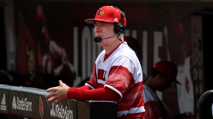 Louisville   s Dan McDonnell talks to the media as Dalton Rushing went to to catch against Virginia in the last game of the regular season.May 21, 2022

Louisville 27