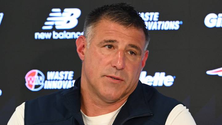 Jun 2, 2026; Foxborough, MA, USA; New England Patriots head coach Mike Vrabel holds a press conference before the start of practices at the team's OTA at Gillette Stadium. Mandatory Credit: Eric Canha-Imagn Images
