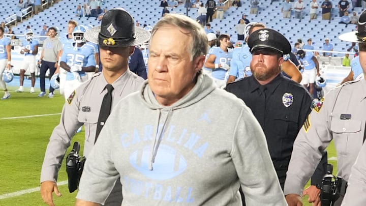 Sep 1, 2025; Chapel Hill, North Carolina, USA; North Carolina Tar Heels head coach Bill Belichick walks to center field after the game at Kenan Stadium. Mandatory Credit: Bob Donnan-Imagn Images Sep 1, 2025; Chapel Hill, North Carolina, USA; North Carolina Tar Heels head coach Bill Belichick walks to center field after the game at Kenan Stadium. Mandatory Credit: Bob Donnan-Imagn Images