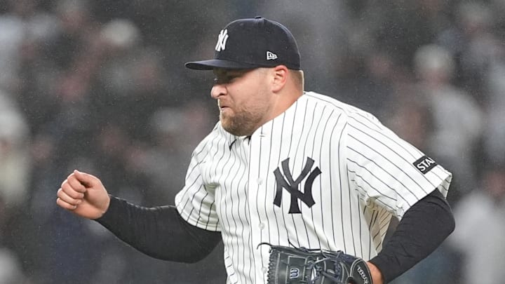 Apr 4, 2026; Bronx, New York, USA;  New York Yankees pitcher David Bednar (53) reacts to getting the last out and the save during the ninth inning against the Miami Marlins at Yankee Stadium.