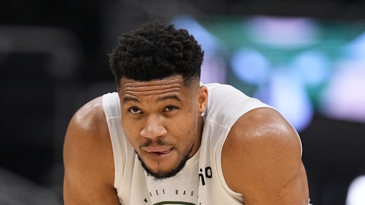 Milwaukee Bucks forward Giannis Antetokounmpo (34) during warmups prior to the game against the New Orleans Pelicans at Fiserv Forum on Feb 4, 2026.