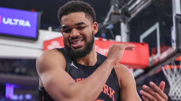 Mar 24, 2026; New York, New York, USA; New York Knicks center Karl-Anthony Towns (32) reacts after getting fouled in the first quarter against the New Orleans Pelicans at Madison Square Garden. Mandatory Credit: Wendell Cruz-Imagn Images Mar 24, 2026; New York, New York, USA; New York Knicks center Karl-Anthony Towns (32) reacts after getting fouled in the first quarter against the New Orleans Pelicans at Madison Square Garden. Mandatory Credit: Wendell Cruz-Imagn Images