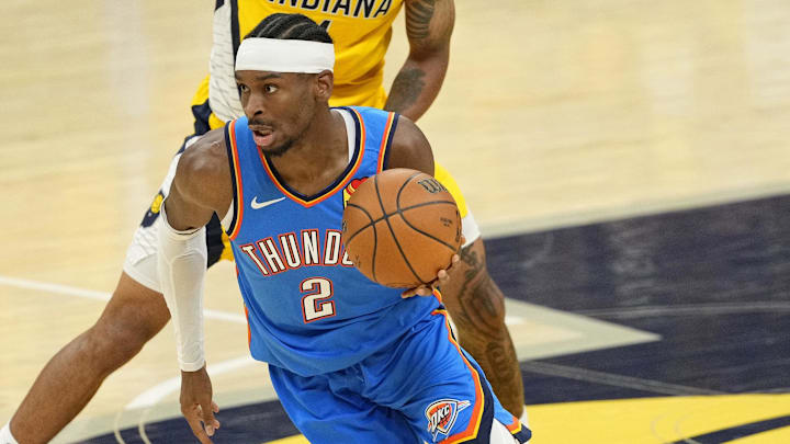 Jun 19, 2025; Indianapolis, Indiana, USA; Oklahoma City Thunder guard Shai Gilgeous-Alexander (2) dribbles the ball against the Indiana Pacers during the first half of game six of the 2025 NBA Finals between the Oklahoma City Thunder and the Indiana Pacers at Gainbridge Fieldhouse. Mandatory Credit: Kyle Terada-Imagn Images Jun 19, 2025; Indianapolis, Indiana, USA; Oklahoma City Thunder guard Shai Gilgeous-Alexander (2) dribbles the ball against the Indiana Pacers during the first half of game six of the 2025 NBA Finals between the Oklahoma City Thunder and the Indiana Pacers at Gainbridge Fieldhouse. Mandatory Credit: Kyle Terada-Imagn Images