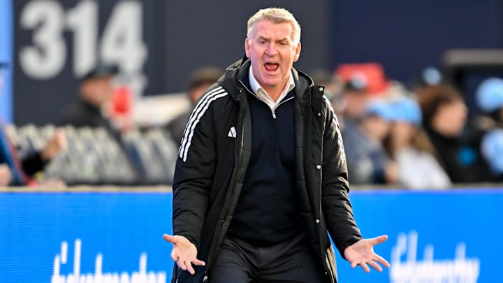 Nov 1, 2025; New York, New York, USA; Charlotte FC manager Dean Smith reacts during the first half against New York City FC at Yankee Stadium. Mandatory Credit: Mark Smith-Imagn Images