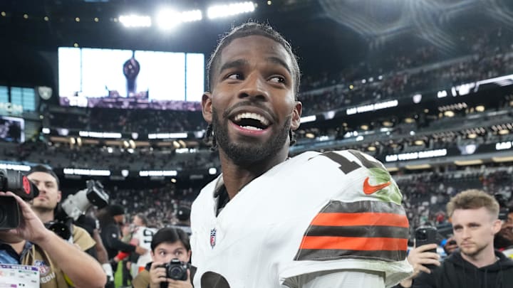 Nov 23, 2025; Paradise, Nevada, USA; Cleveland Browns quarterback Shedeur Sanders (12) reacts after the game against the Las Vegas Raiders at Allegiant Stadium. Mandatory Credit: Kirby Lee-Imagn Images