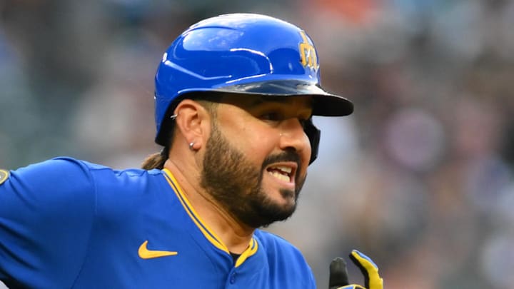 Seattle Mariners third baseman Eugenio Suarez runs after hitting a double against the Texas Rangers on July 31 at T-Mobile Park.