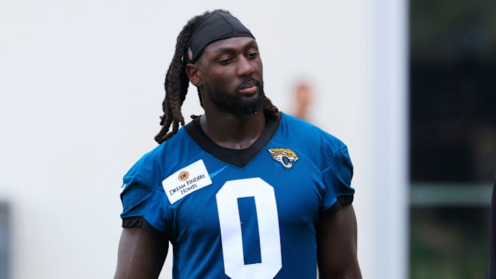 Jacksonville Jaguars linebacker Devin Lloyd (0) walks on the field after an NFL training camp session at the Miller Electric Center, Friday Aug. 15, 2025 in Jacksonville, Fla. [Corey Perrine/Florida Times-Union]
