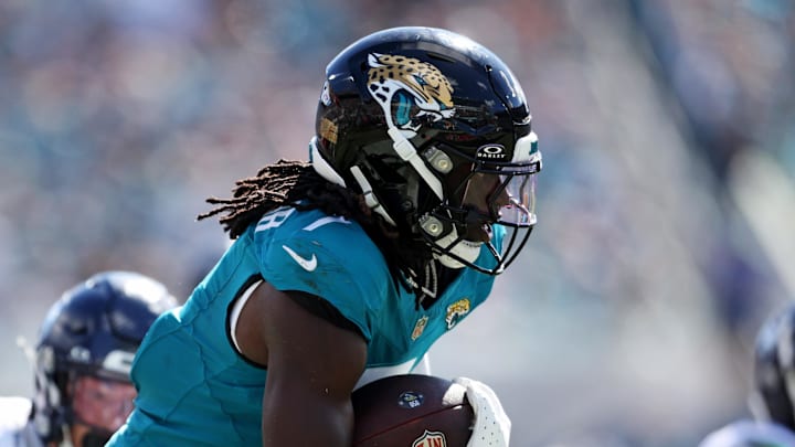Oct 12, 2025; Jacksonville, Florida, USA; Jacksonville Jaguars wide receiver Brian Thomas Jr. (7) scores a touchdown that is called back for a flag during the second half against the Seattle Seahawks at EverBank Stadium. Mandatory Credit: Morgan Tencza-Imagn Images