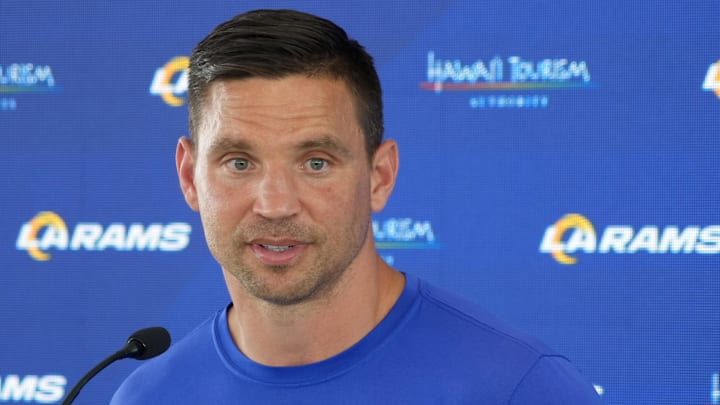 Jun 3, 2025; Woodland Hills, CA, USA; Los Angeles Rams defensive coordinator Chris Shula at press conference during organized team activities at Rams Practice Facility. Mandatory Credit: Kirby Lee-Imagn Images