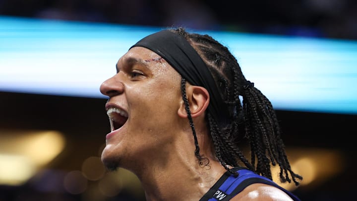 Orlando Magic forward Paolo Banchero reacts after a play against the Atlanta Hawks.