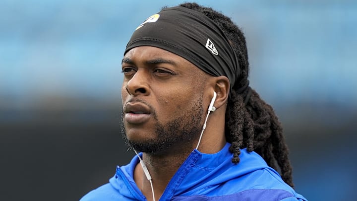 Jan 10, 2026; Charlotte, NC, USA; Los Angeles Rams wide receiver Davante Adams (17) during pregame warm ups before the NFC Wild Card Round game between the Carolina Panthers and the Los Angeles Rams at Bank of America Stadium. Mandatory Credit: Jim Dedmon-Imagn Images