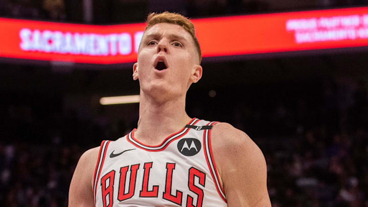 Mar 20, 2025; Sacramento, California, USA; Chicago Bulls guard Kevin Huerter (13) reacts after making a three-point shot during the fourth quarter of the game against the Sacramento Kings at Golden 1 Center. Mandatory Credit: Ed Szczepanski-Imagn Images