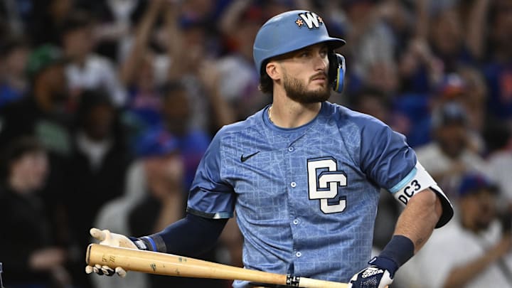 Apr 26, 2025; Washington, District of Columbia, USA; Washington Nationals outfielder Dylan Crews (3) reacts after striking out against the New York Mets during the ninth inning at Nationals Park. 