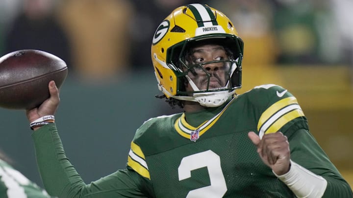 Green Bay Packers quarterback Malik Willis (2) throws during the third quarter of their game against the Baltimore Ravens.