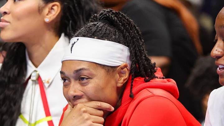 Oct 4, 2026; Atlanta, Georgia, USA; Atlanta Dream guard Allisha Gray (15) on the bench with an injury against the New York Liberty in the fourth quarter during game one of the second round for the 2026 WNBA Playoffs at State Farm Arena. Mandatory Credit: Brett Davis-Imagn Images