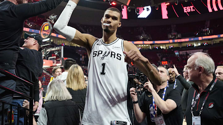 Apr 26, 2026; Portland, Oregon, USA; San Antonio Spurs forward Victor Wembanyama (1) walks off the court after a game against the Portland Trail Blazers during game four of the first round of the 2026 NBA Playoffs at Moda Center. Mandatory Credit: Troy Wayrynen-Imagn Images