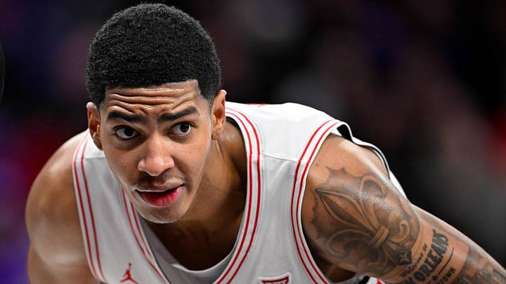 Jan 28, 2026; Fort Worth, Texas, USA; Houston Cougars forward Chris Cenac Jr. (5) looks on during the game at Ed and Rae Schollmaier Arena. Mandatory Credit: Jerome Miron-Imagn Images