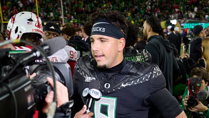 Oct 17, 2026; Eugene, Oregon, USA; Oregon Ducks quarterback Dylan Raiola (8) gives an interview after a game against the Nebraska Cornhuskers at Autzen Stadium. Oct 17, 2026; Eugene, Oregon, USA; Oregon Ducks quarterback Dylan Raiola (8) gives an interview after a game against the Nebraska Cornhuskers at Autzen Stadium.