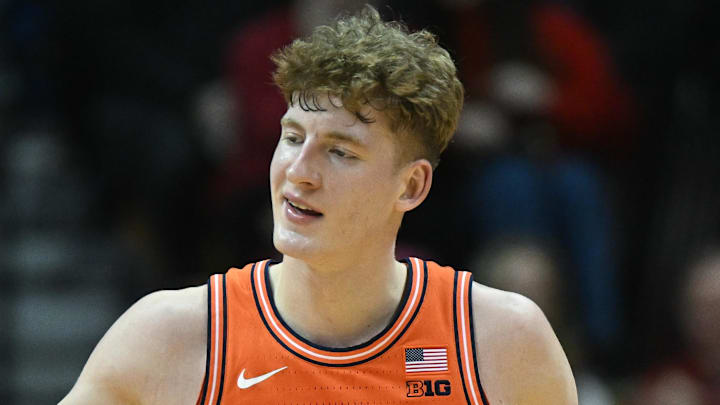 Jan 14, 2025; Bloomington, Indiana, USA; Illinois Fighting Illini guard Kasparas Jakucionis (32) celebrates after a play during the first half against the Indiana Hoosiers at Simon Skjodt Assembly Hall. Mandatory Credit: Robert Goddin-Imagn Images