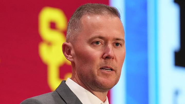 Jul 24, 2025; Las Vegas, NV, USA; USC head coach Lincoln Riley speaks to the media during the Big Ten NCAA college football media days at Mandalay Bay Resort. Mandatory Credit: Lucas Peltier-Imagn Images