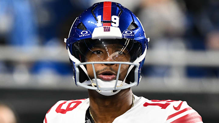 Nov 23, 2025; Detroit, Michigan, USA; New York Giants quarterback Jameis Winston (19) warms up before the game against the Detroit Lions at Ford Field. Mandatory Credit: Lon Horwedel-Imagn Images