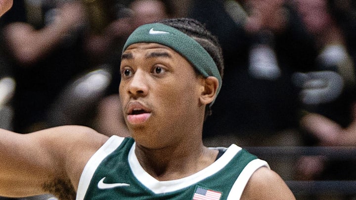 Feb 26, 2026; West Lafayette, Indiana, USA; Michigan State Spartans guard Jeremy Fears Jr. (1) calls a play during the first half of a game against the Purdue Boilermakers at Mackey Arena.