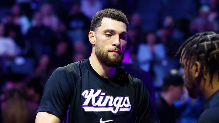 Jan 20, 2026; Sacramento, California, USA; Sacramento Kings guard Zach LaVine (8) is greeted by teammates during player introductions before the game against the Miami Heat at Golden 1 Center. Mandatory Credit: Sergio Estrada-Imagn Images