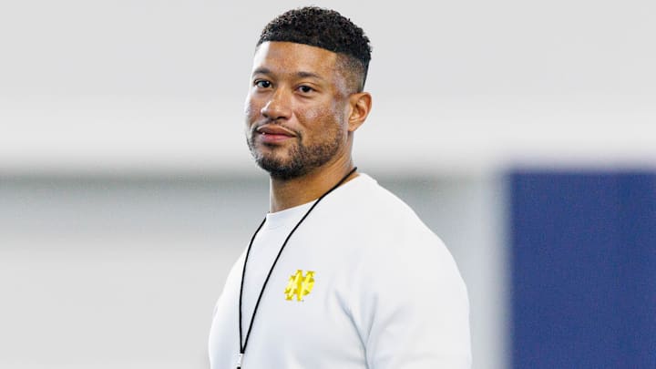Notre Dame head coach Marcus Freeman during a Notre Dame football spring practice at Irish Athletic Center on Wednesday, March 26, 2025, in South Bend.