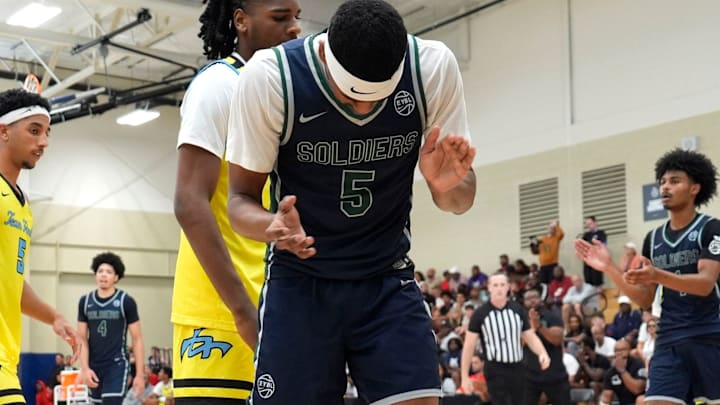 July 15, 2025; North Augusta, South Carolina, USA; Oakland Soldiers Jason Crowe Jr. (5) celebrates after a play during the Oakland Soldiers and Team Final game at Nike EYBL Peach Jam at Riverview Park Activities Center. The Oakland Soldiers won 86-75. July 15, 2025; North Augusta, South Carolina, USA; Oakland Soldiers Jason Crowe Jr. (5) celebrates after a play during the Oakland Soldiers and Team Final game at Nike EYBL Peach Jam at Riverview Park Activities Center. The Oakland Soldiers won 86-75.