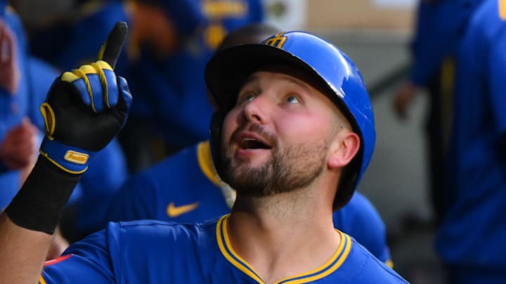 Seattle Mariners catcher Cal Raleigh celebrates after hitting a home run against the Texas Rangers on July 31 at T-Mobile Park.