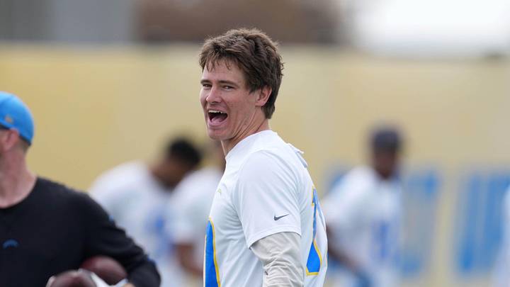 May 12, 2025; El Segundo, CA, USA; Los Angeles Chargers quarterback Justin Herbert (10) reacts during offseason workouts at The Bolt. Mandatory Credit: Kirby Lee-Imagn Images