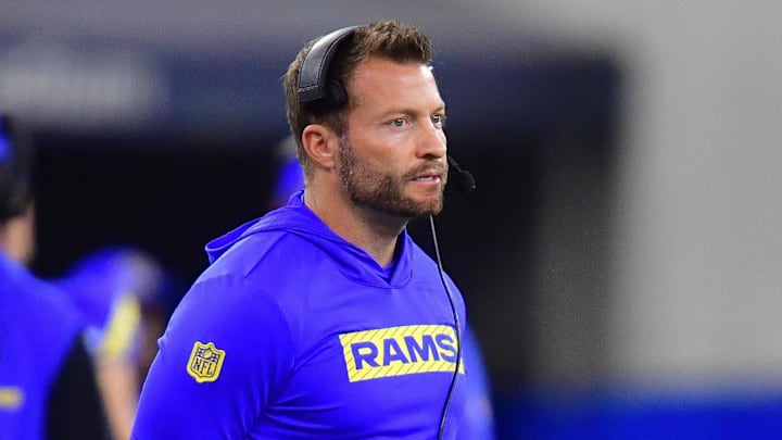 Nov 24, 2024; Inglewood, California, USA; Los Angeles Rams head coach Sean McVay watches game action against the Philadelphia Eagles during the first half at SoFi Stadium. Mandatory Credit: Gary A. Vasquez-Imagn Images