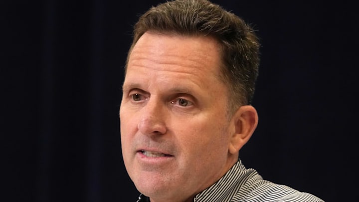 Feb 25, 2025; Indianapolis, IN, USA; Denver Broncos general manager George Paton speaks during the NFL Scouting Combine at the Indiana Convention Center. Mandatory Credit: Kirby Lee-Imagn Images